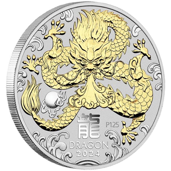 Perth Mint: Lunar III - Year of the Dragon 1 oz Silver 2024 Gilded Coin (without case)