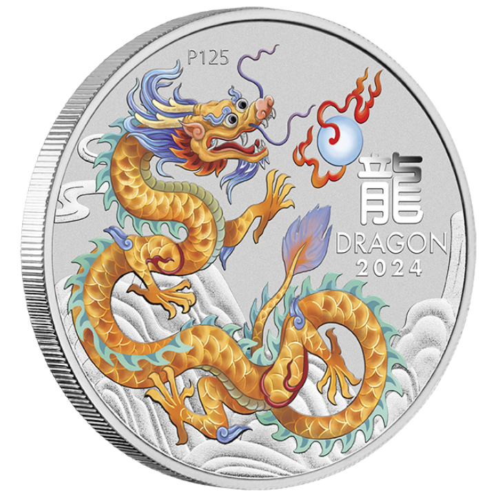 Perth Mint: Lunar III - Year of the Dragon "Golden Dragon" coloured 1/2 oz Silver 2024 