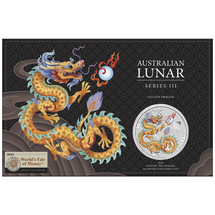 Perth Mint: Lunar III - Year of the Dragon "Golden Dragon" coloured 1 oz Silver 2024 (ANA Show Special)	