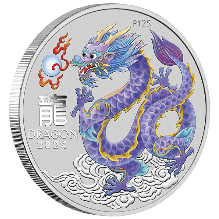 Perth Mint: Lunar III - Year of the Dragon "Lilac Dragon" coloured 1/2 oz Silver 2024 