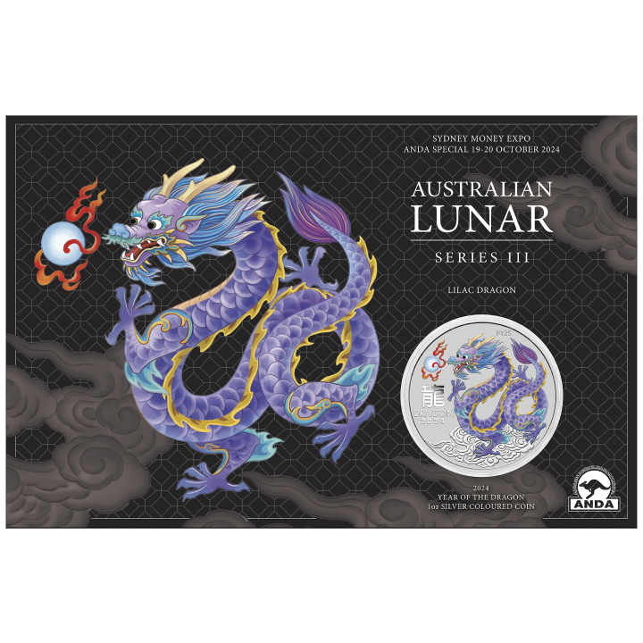 Perth Mint: Lunar III - Year of the Dragon "Lilac Dragon" coloured 1 oz Silver 2024 (Sydney Money Expo Anda Special)