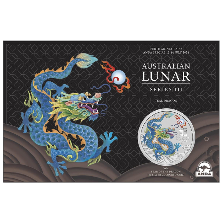 Perth Mint: Lunar III - Year of the Dragon "Teal Dragon" coloured 1 oz Silver 2024 (Perth Money Expo Anda Special)	