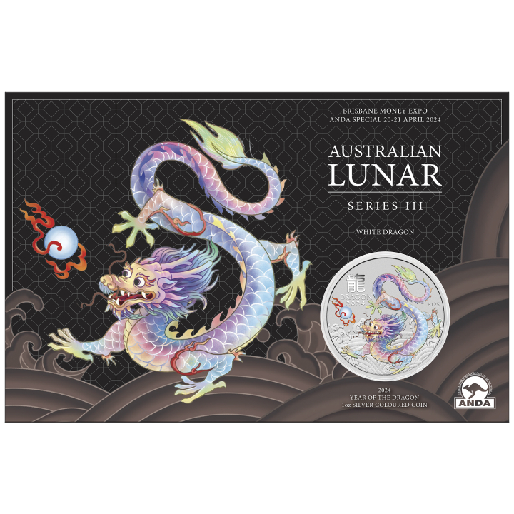 Perth Mint: Lunar III - Year of the Dragon "White Dragon" coloured 1 oz Silver 2024  (Brisbane Money Expo Anda Special)	