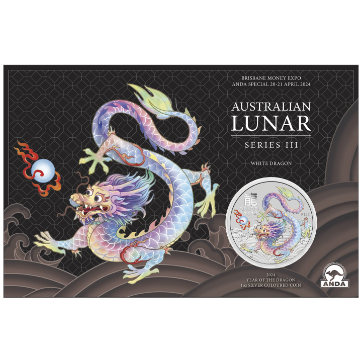 Perth Mint: Lunar III - Year of the Dragon "White Dragon" coloured 1 oz Silver 2024(Brisbane Money Expo Anda Special)	