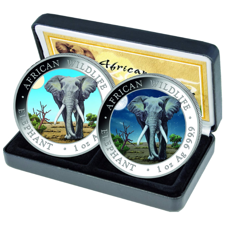 Set of 2 coins African Wildlife: Somalian Elephant "Day & Night" coloured  2 x 1 oz Silver 2025