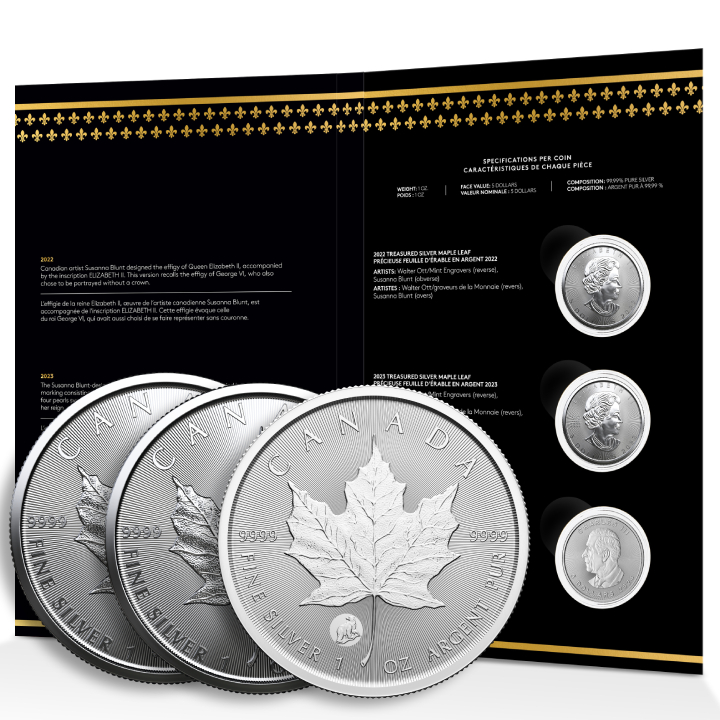 Set of 3 Canadian Maple Leaf Treasured 3 x 1 oz Silver coins 2022, 2023, 2024