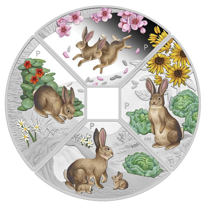 Set of 4 Tuvalu Coins: Year of the Rabbit Quadrant colored 4 x 1 oz Silver 2023 Proof