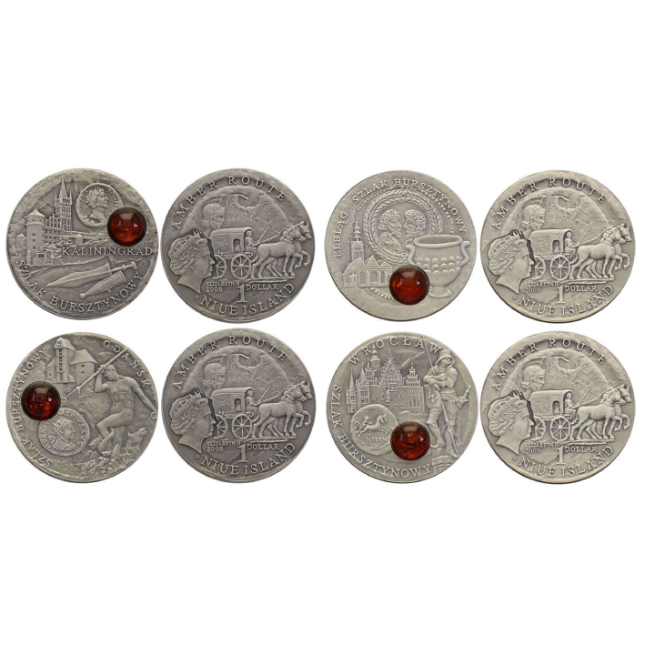 Set of 8 Niue: Amber Route coins oxidized 8 x 1 Dollar Silver 2008-2011