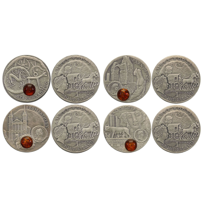 Set of 8 Niue: Amber Route coins oxidized 8 x 1 Dollar Silver 2008-2011