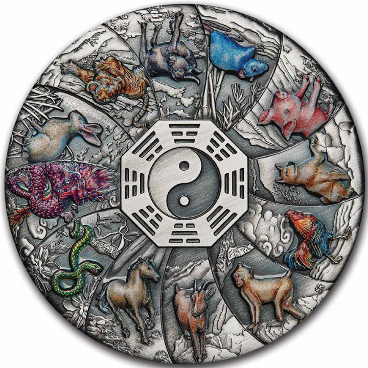 Tuvalu: 12 Lunar Animals colored 5 oz Silver 2023 Antiqued Coin