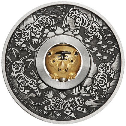 Tuvalu: Lunar III - Year of the Tiger 1 oz Silver 2022 Rotating Charm Antiqued Coin
