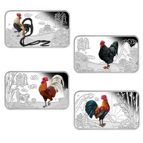 Tuvalu: Set of 4 Lunar II Bars: Year of the Rooster colored 4 x 1 oz Silver 2017 Proof 