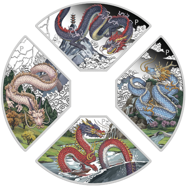 Tuvalu: Year of the Dragon Quadrant Four-Coin Set 1oz Silver 2024 Proof