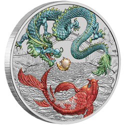  Chinese Myths and Legends: Dragon & Koi colored blue and red (coin version in card) 1 oz Silver 2023