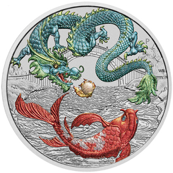  Chinese Myths and Legends: Dragon & Koi colored blue and red (coin version in card) 1 oz Silver 2023