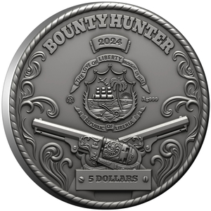 Liberia: The Bounty Hunter colored, gold-plated $5 Silver 2024 High Relief Antiqued Coin