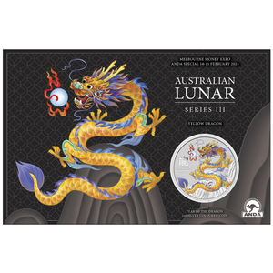 Perth Mint: Lunar III - Year of the Dragon "Yellow Dragon" coloured 1 oz Silver 2024(Melbourne Money Expo Anda Special