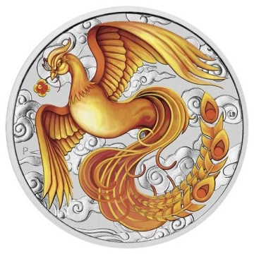 Mitos y Leyendas Chinos: Fénix color rojo-oro (versión con moneda en tarjeta) 1 oz Plata 2022