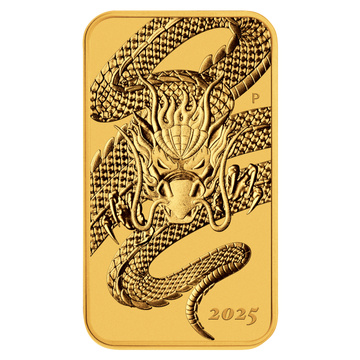 La moneda rectangular de oro Dragón 1 onza 2025