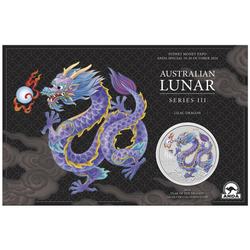 Perth Mint: Lunar III - Jahr des Drachen "Lilac Dragon" farbig 1 oz Silber 2024 (Sydney Money Expo Anda Special)