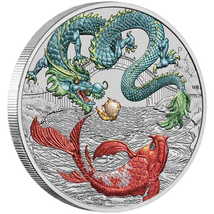  Chinese Myths and Legends: Dragon & Koi coloured (blue-red) 1 oz Silber 2023 Coin in card version