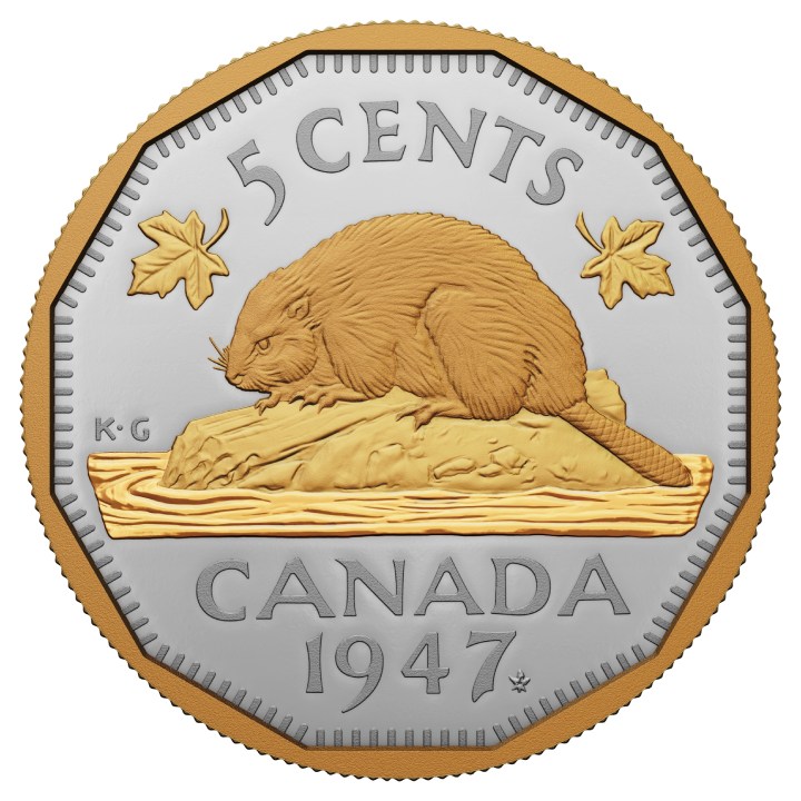 Canada: 1947 Maple Leaf Mark 5-Cent Silber 2023 Gilded Proof Coin 