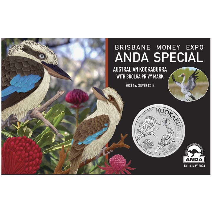 Kookaburra with Brolga 1 oz Silber 2023 Privy Mark (Brisbane Money Expo Anda Special)