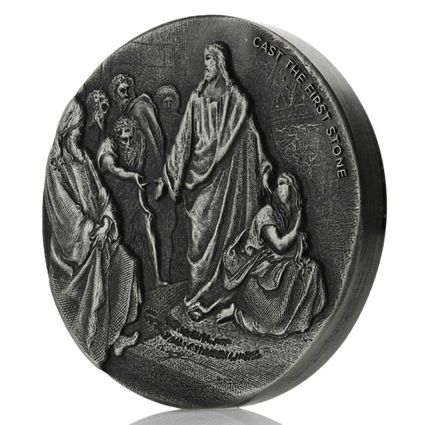 Niue: Biblical - Cast the First Stone 2 oz Silver 2019 Proof Antiqued Coin 