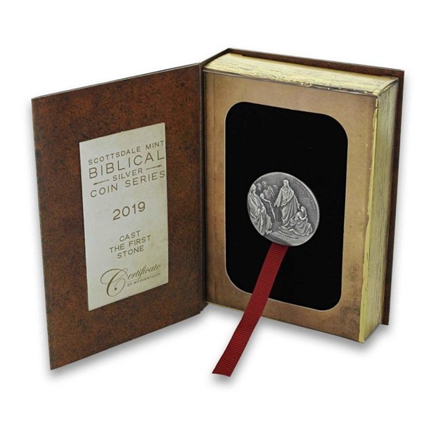 Niue: Biblical - Cast the First Stone 2 oz Silver 2019 Proof Antiqued Coin 