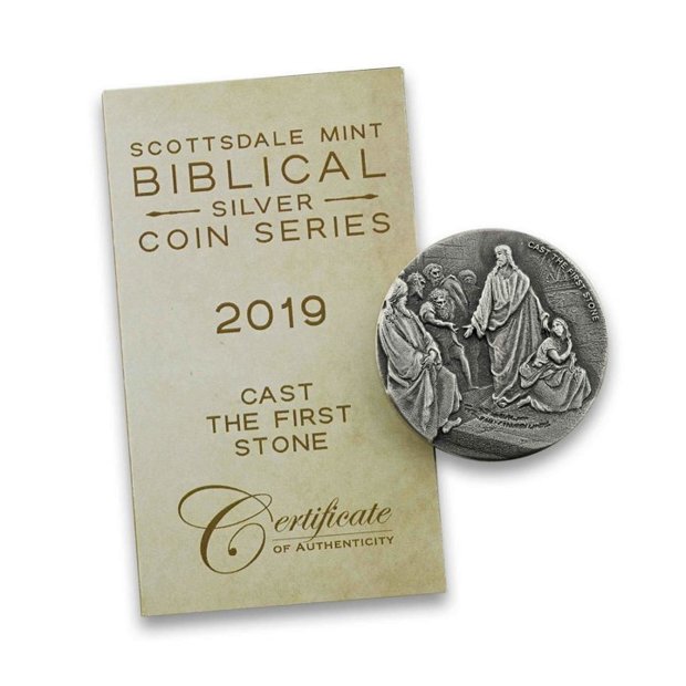 Niue: Biblical - Cast the First Stone 2 oz Silver 2019 Proof Antiqued Coin 