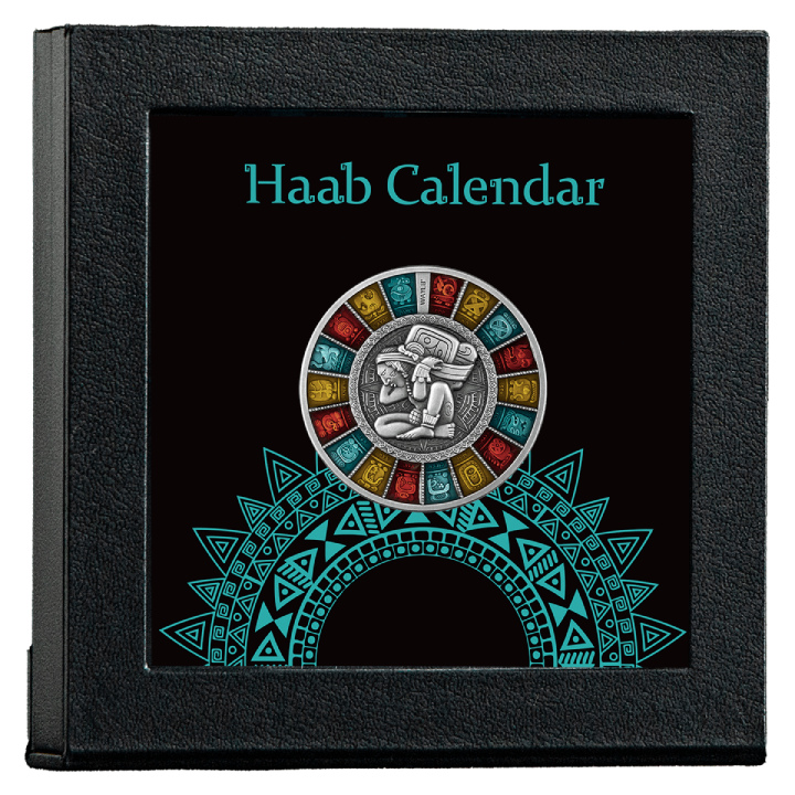 Niue: Haab Calendar coloured $2 Silber 2023 High Relief Antiqued Coin