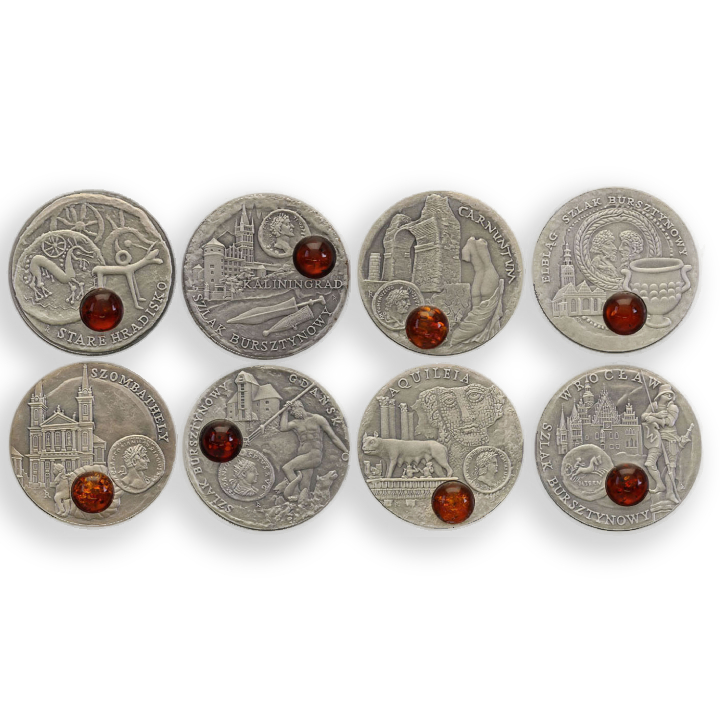 Set of 8 Niue: Amber Route coins oxidized 8 x 1 Dollar Silber 2008-2011