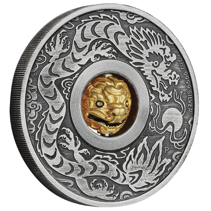 Tuvalu: Lunar III - Year of the Dragon 1 oz Silber 2024 Rotating Charm Antiqued Coin