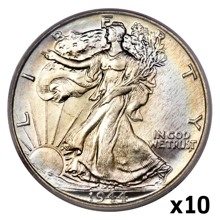 USA: 50 Cents - Half Dollar ($0.50) Silber Zufallsjahr (Ag.900 Probe) Umlaufend 10 Stück