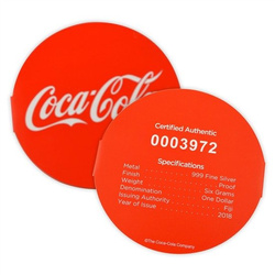 Fiji: Coca Cola Bottle Cap kolorowany 1$ Srebro 2018 Proof (uszkodzone etui)