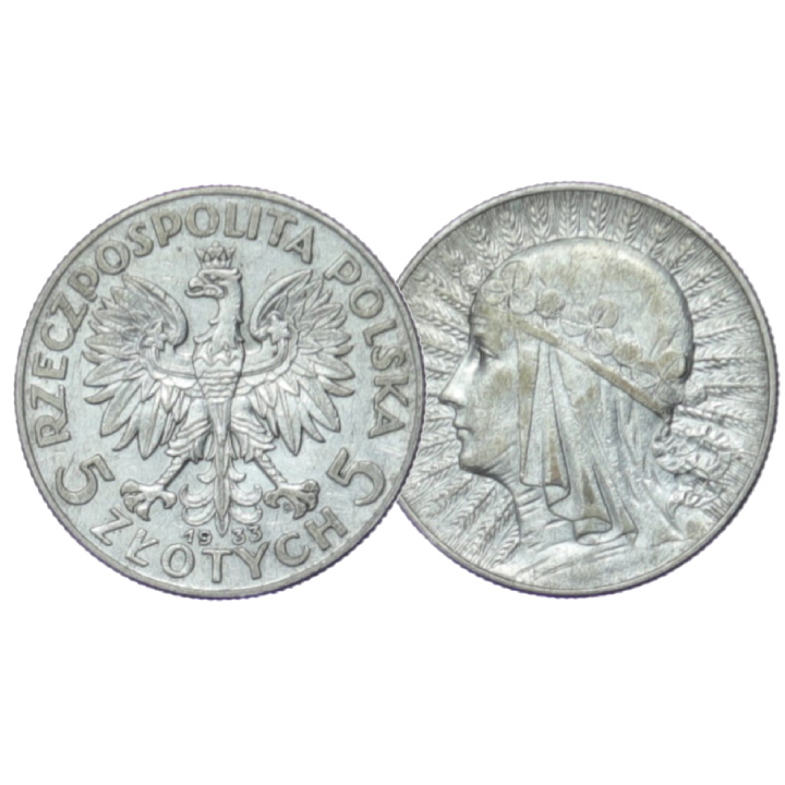 Poland: "Head of a Woman" Jadwiga 5 zloty Silver Random Year