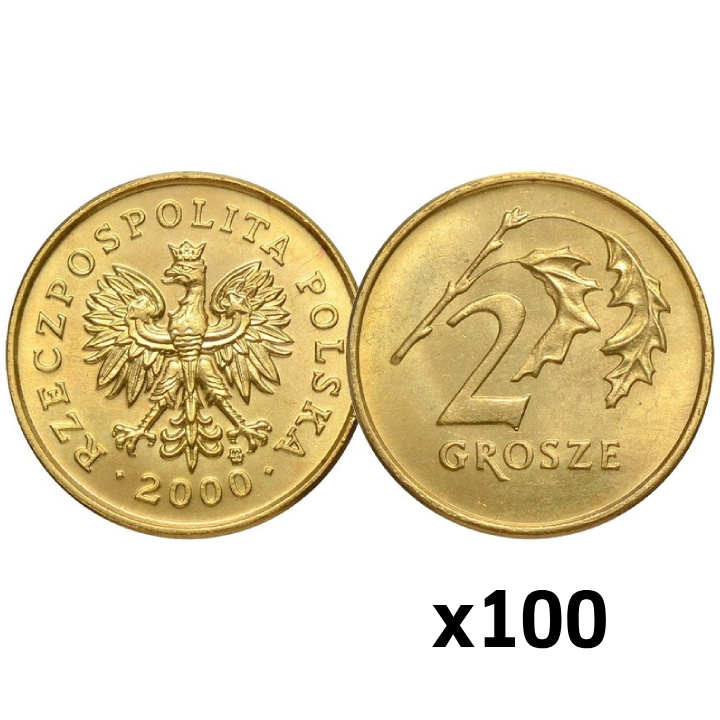 Narodowy Bank Polski: 2 grosze Worek Menniczy (100 sztuk) - Różne Roczniki