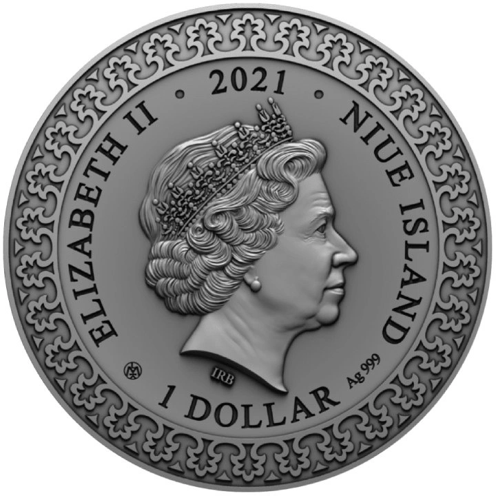 Niue: Rytíř v panterí kůži – Korunovace Tinatin 1 $ stříbro 2021 Antique Finish