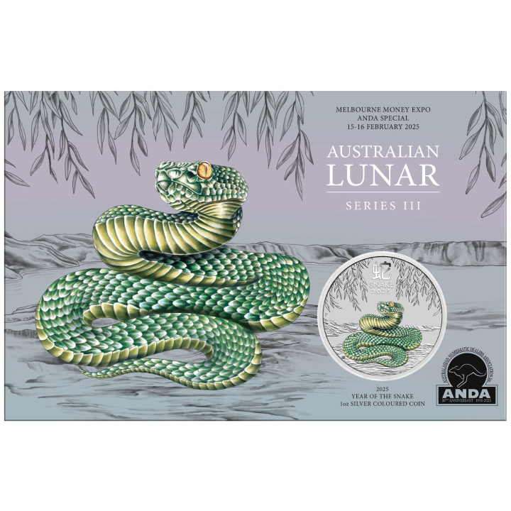 Perth Mint: Lunar III - Year of the Snake coloured 1 oz Silver 2025 Proof (Melbourne Money Expo Anda Special)
