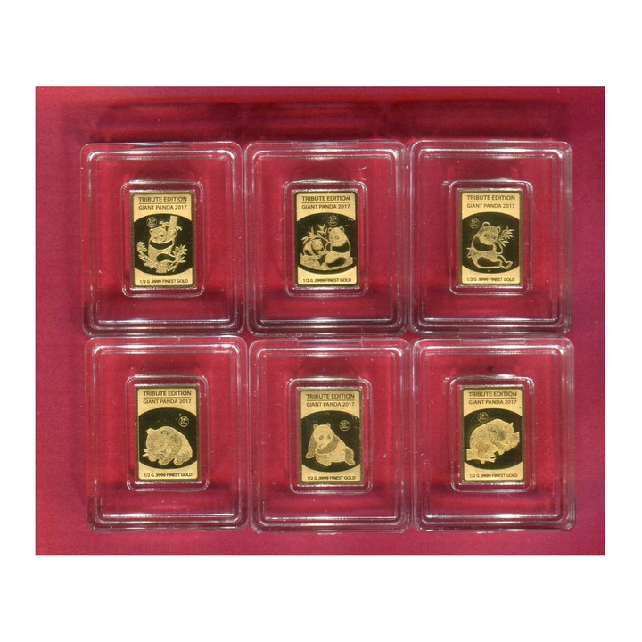 Solomon Islands: Set of 6 Gold Panda Tribute Edition Coin-Bars 3 grams Gold 2017