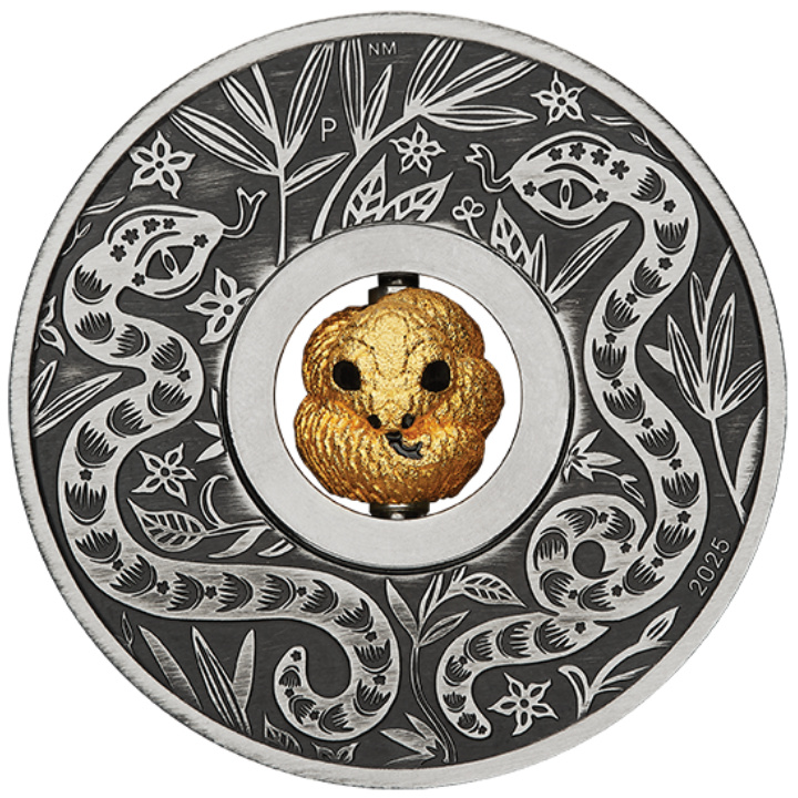 Tuvalu: Lunar III - Rok węża 1 uncja Srebra 2025 Rotating Charm Antiqued Coin