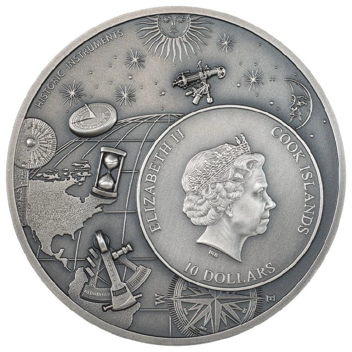 Islas Cook: Instrumentos Históricos - Astrolabio 2 oz Plata 2023 Moneda Antigua Ultra Alto Relieve