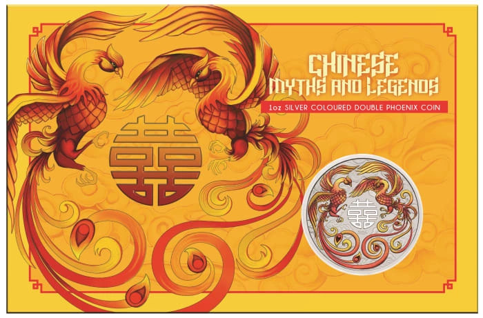 Chinese Myths and Legends: Double Phoenix Farbveredelt (Rot-Gold) 1 Unze Silber 2025 (Münze in Karte)