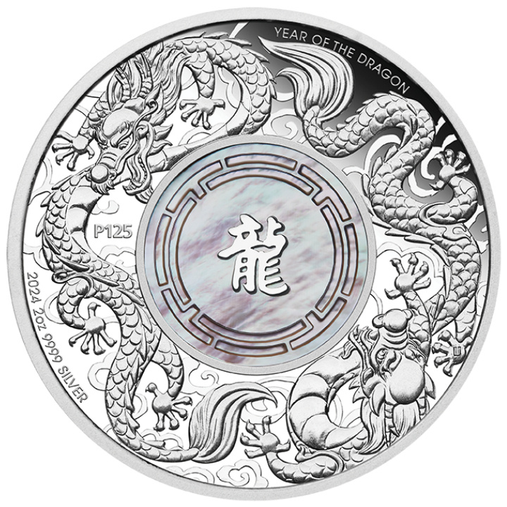 Double Dragon with Mother of Pearl 2 oz Silver 2024 Proof