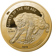 Ghana: Giants of the Ice Age - Tygrys Szablozębny 1 uncja Złota 2020 Proof