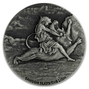 Niue: Biblical - Samson Slays the Lion 2 uncje Srebra 2019 Proof Antiqued Coin 