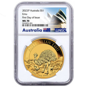 Australijski Emu 1 uncja Złota 2023 MS 70 NGC First Day of Issue