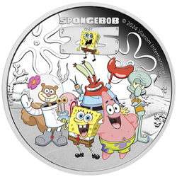 Tuvalu: SpongeBob & Friends kolorowany 1 uncja Srebra 2024 Proof