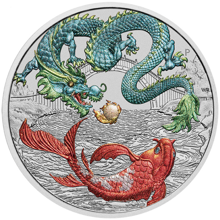  Chinese Myths and Legends: Dragon & Koi kolorowany niebiesko-czerwony (wersja z monetą w karcie) 1 uncja Srebra 2023