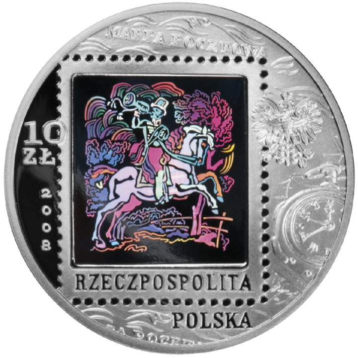 450 lat Poczty Polskiej kolorowany 10 zł Srebro 2008 Proof